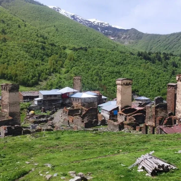 Traditional Svan towers and village in Georgia surrounded by green mountains.