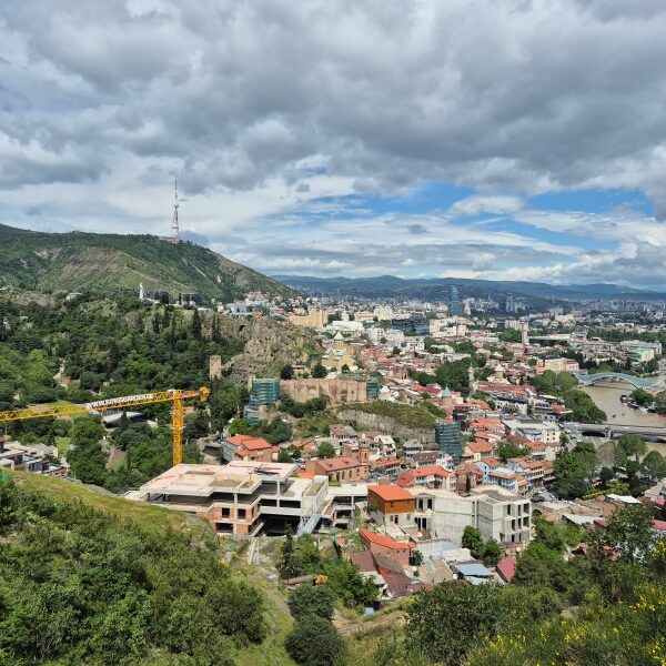 Scenic panoramic view of Tbilisi city skyline from a mountain overlook, showing Narikala fortress, the Peace Bridge, and the Kura River under a cloudy sky.