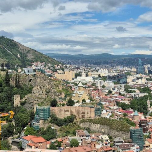 Panoramic view of old Tbilisi, Narikala Fortress, and the Kura River from Tabor Monastery.