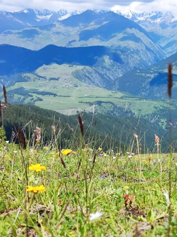 Panoramic view of Tusheti valleys and mountains from the alpine meadows near Oreti Lake