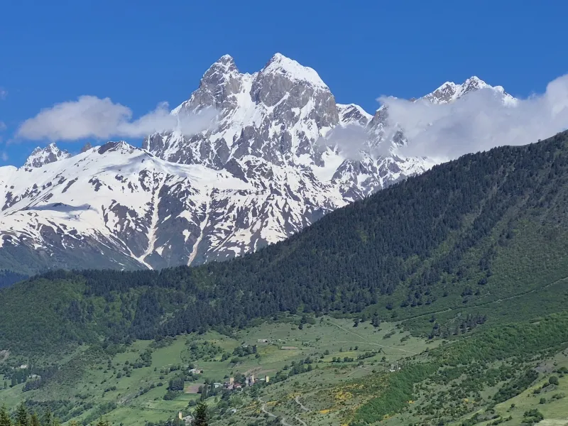 Panoramic mountain landscape between Mestia and Ughviri Pass in Upper Svaneti