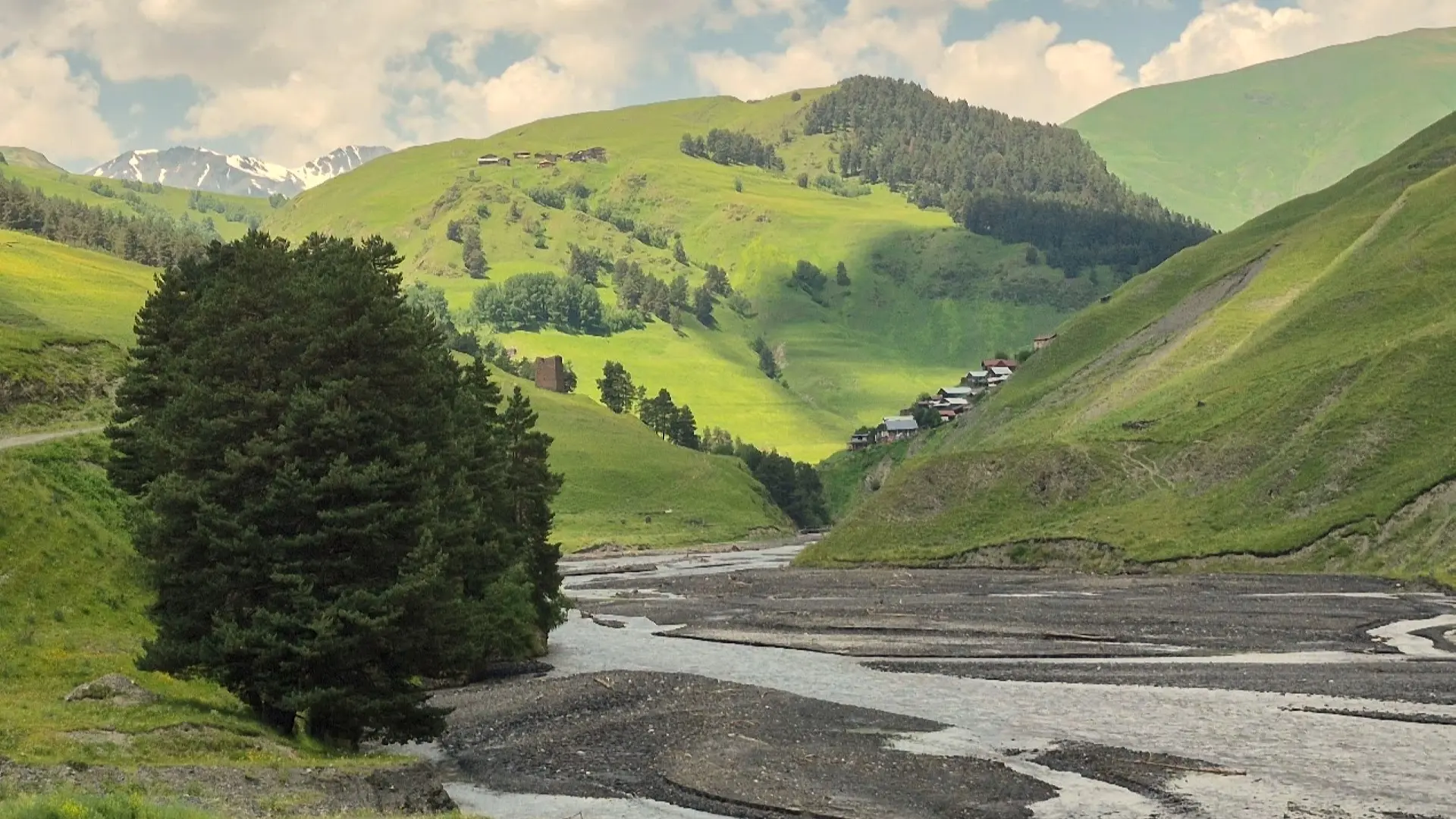 Scenic alpine landscape of Gometsri Gorge leading to Jvarboseli village in Tusheti