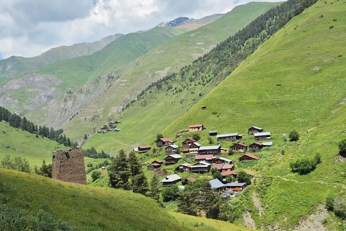 Traditional stone houses and mountain slopes of Jvarboseli village in Tusheti