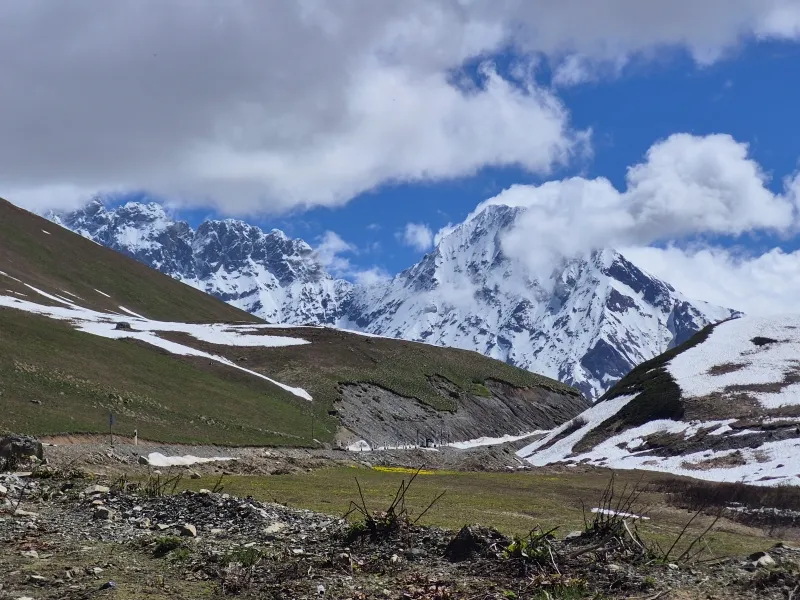 Snow-covered mountain pass road in Upper Svaneti Caucasus
